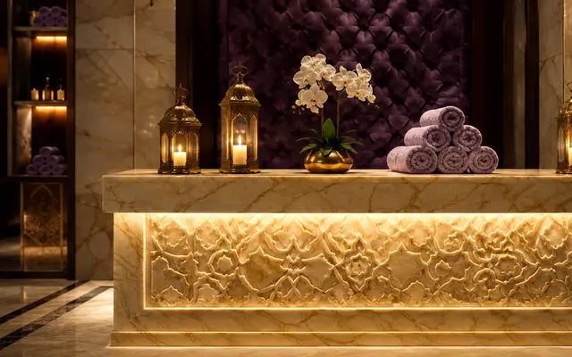 Kapitone duvarlı, orkideli karşılama bankosu — Metrokent, Masaj Salonun